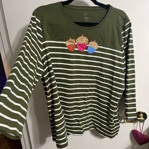 🤍 XL Kim Rogers Striped Green Long Sleeve Top with Acorn Design